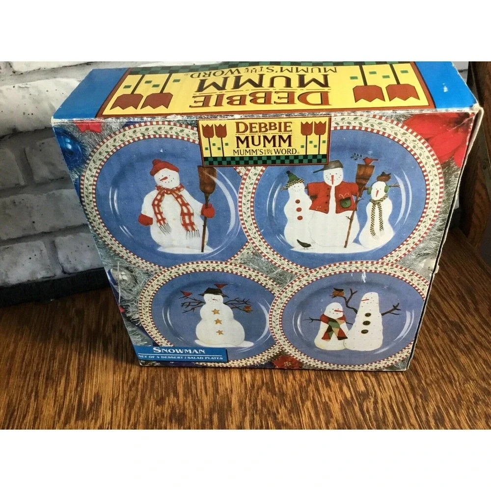 Vtg Debbie Mumm Jolly Snowmen Sakura 1997 Salad Plates Country Christmas Winter‎
